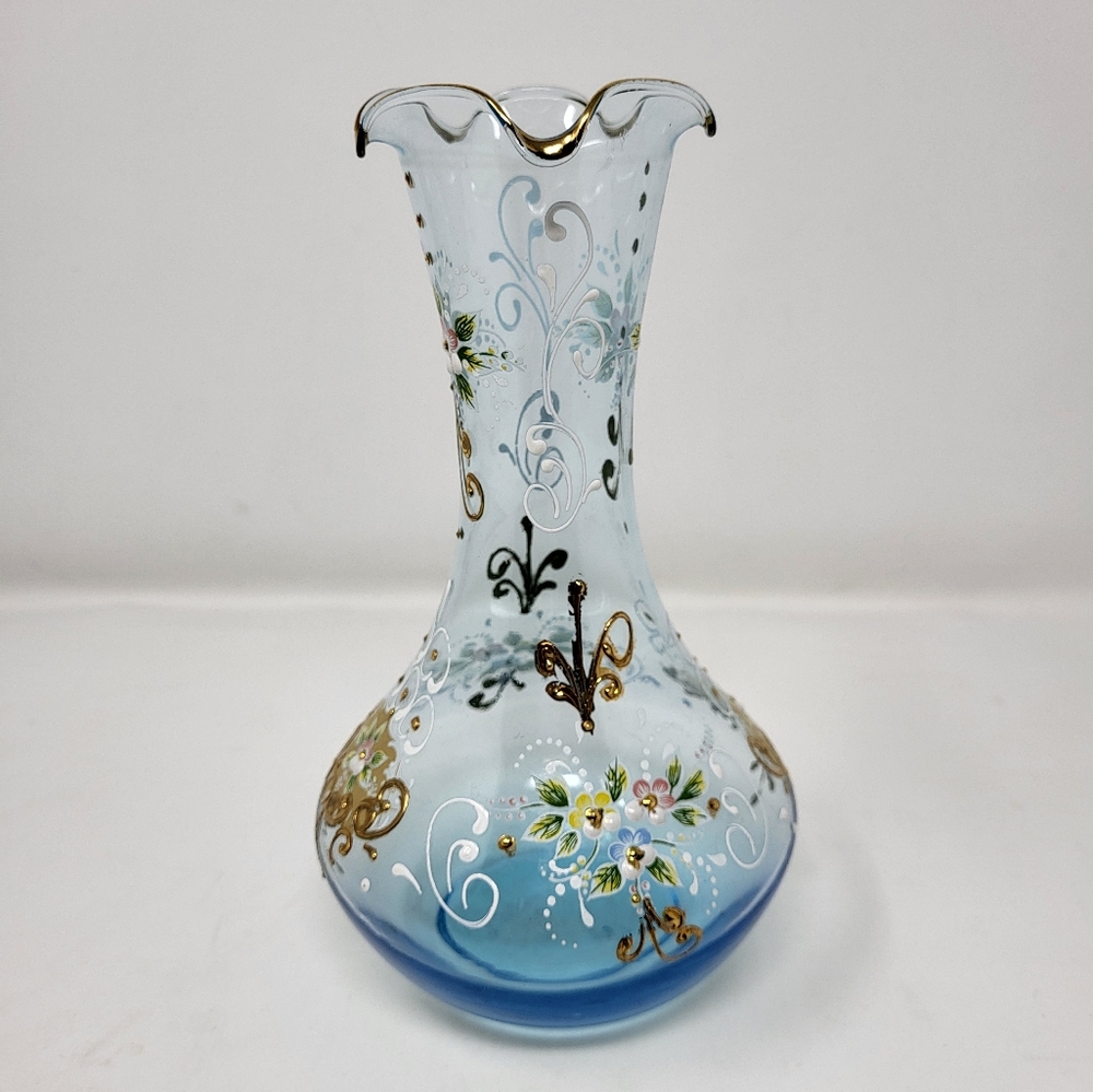 Vintage Handpainted Venetian Made In‎ Venice Italy Blue Glass Detail Floral Vase